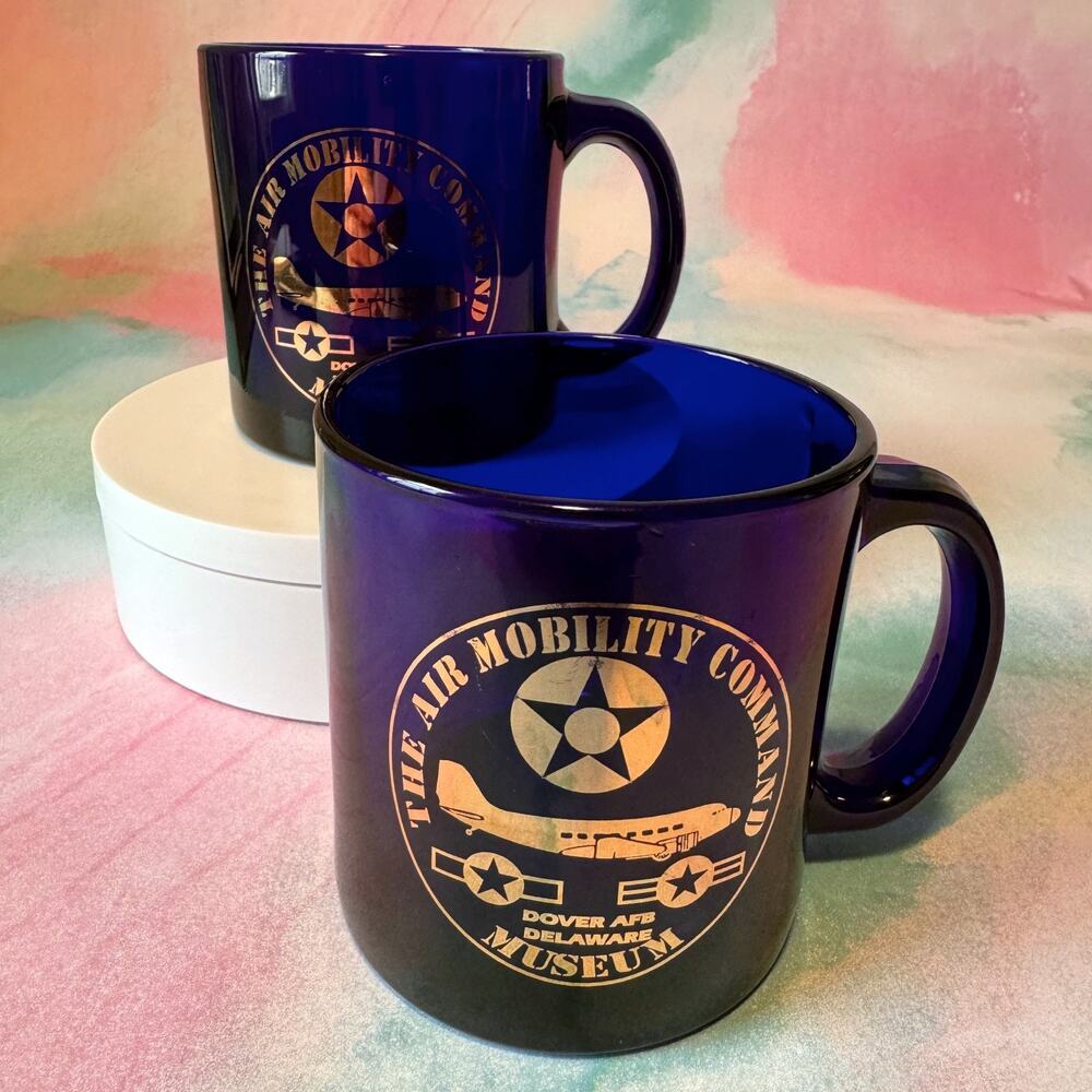 2 Vintage Air Mobility Command Museum Dover AFB Delaware Cobalt Blue Glass Mugs